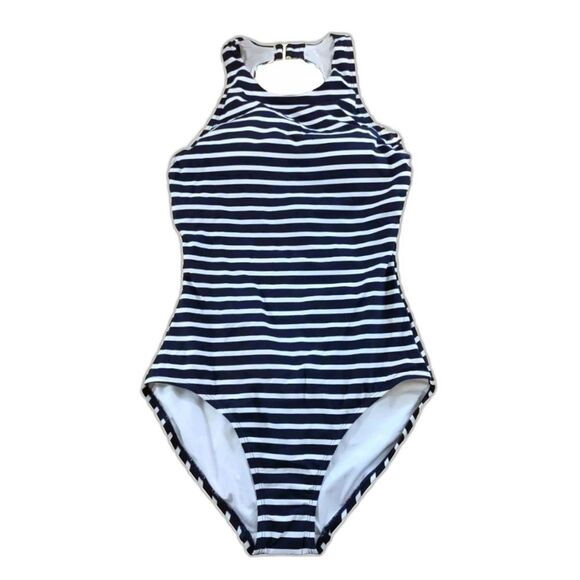 Lands' End Other - Lands End Navy Stripe High Neck UPF 50 Open Back Keyhole 1pc Swimsuit Women's S